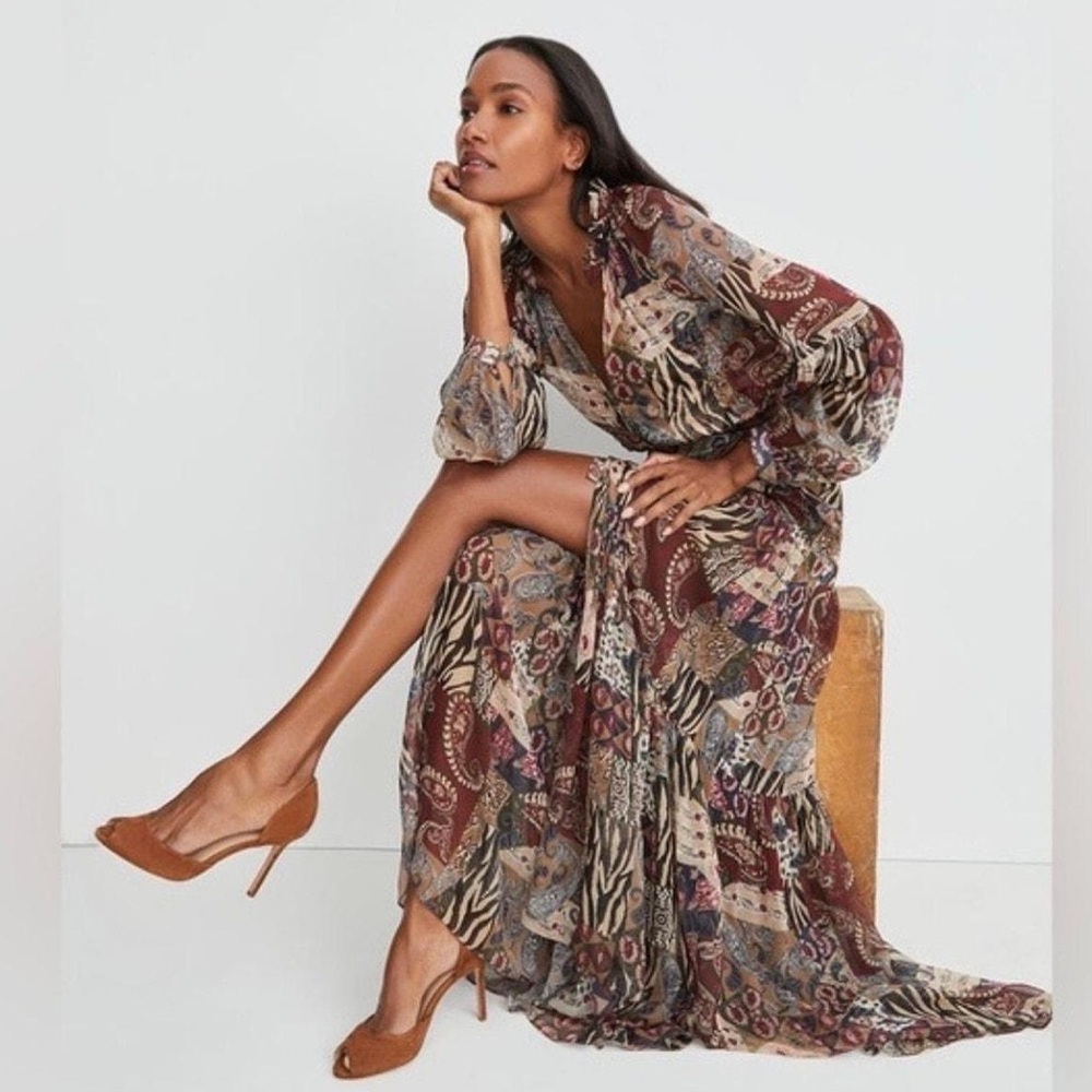 Veronica Beard Isra Multicolor Patchwork Print 100% Silk Maxi Dress Boho Western - Picture 3 of 16
